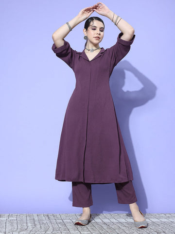 Mauve Shirt Collar Neck A-Line Kurta Paired With Tonal Bottom